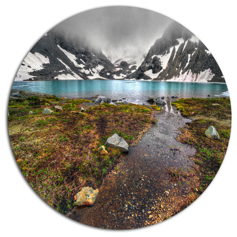 Cloudy Sky Above Mountain Lake, Landscape Round Metal Wall Art, 36"