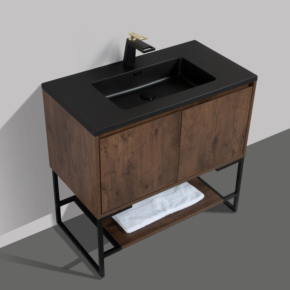 Freestanding Bath Vanity Set, Rose Wood, Integrated Solid Surface Sink, 36"