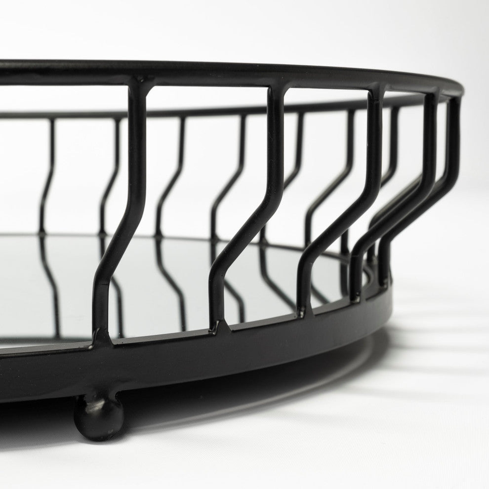 HomeRoots 20" Matte Black Wavy Metal With Mirrored Glass Bottom Round Tray