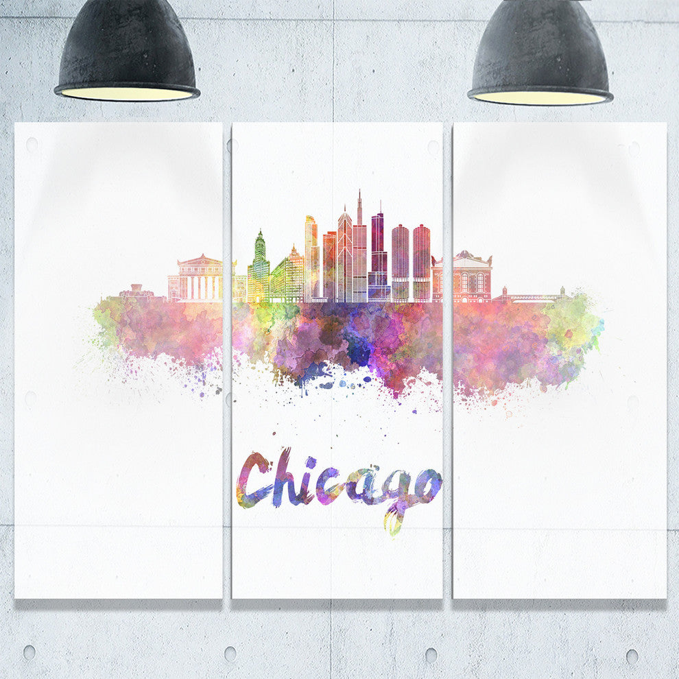 "Colorful Chicago Skyline in Watercolor" Metal Wall Art, 3 Panels, 36"x28"