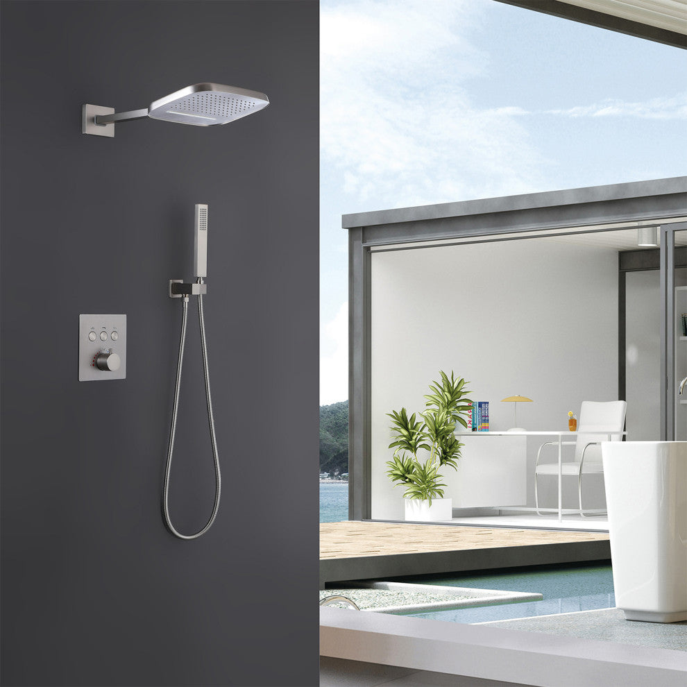 Thermostatic Rain Shower System with Hand Shower-Includes Rough-in Valve, Brushed Nickel