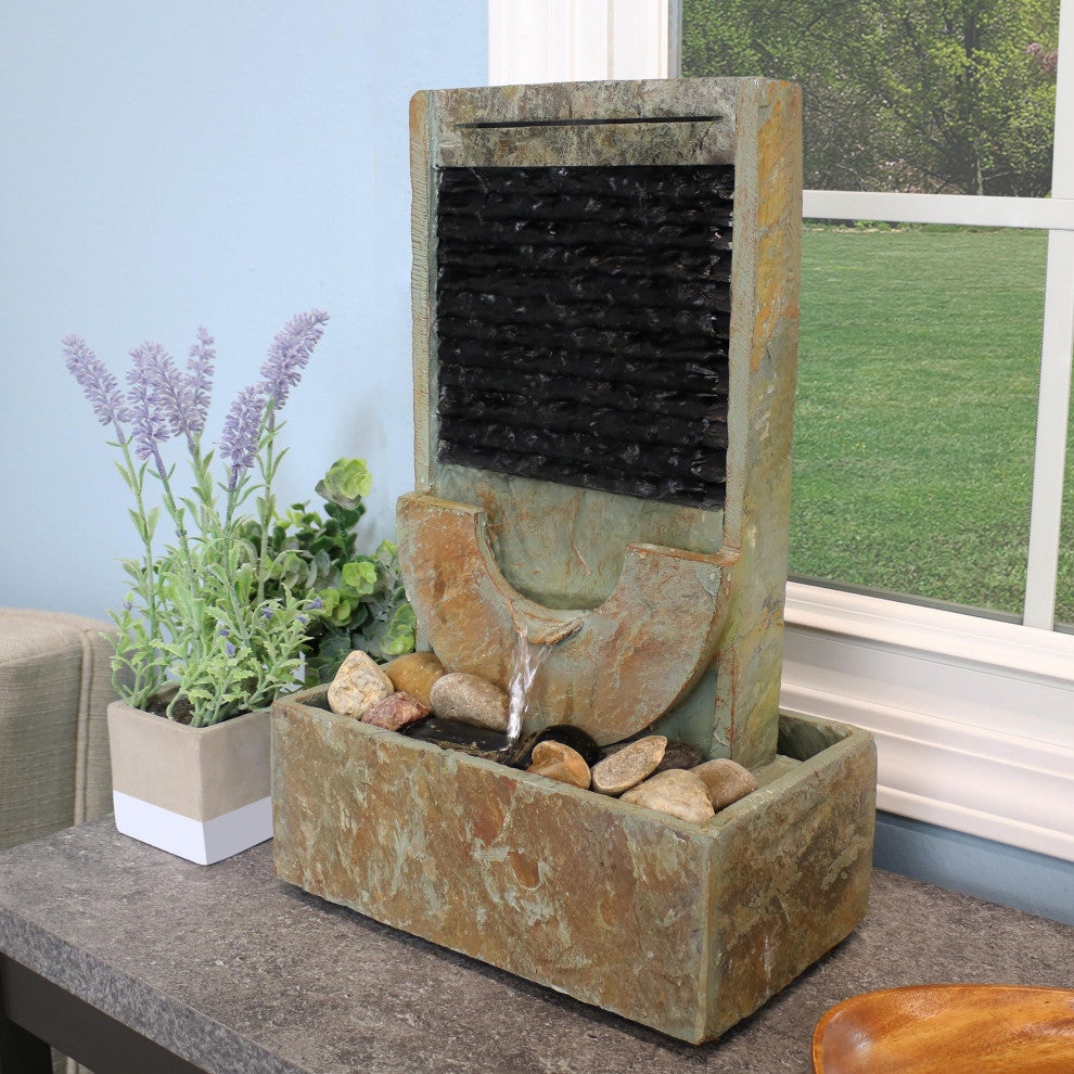 Sunnydaze Half Moon Natural Slate Indoor Tabletop Water Fountain, 16"
