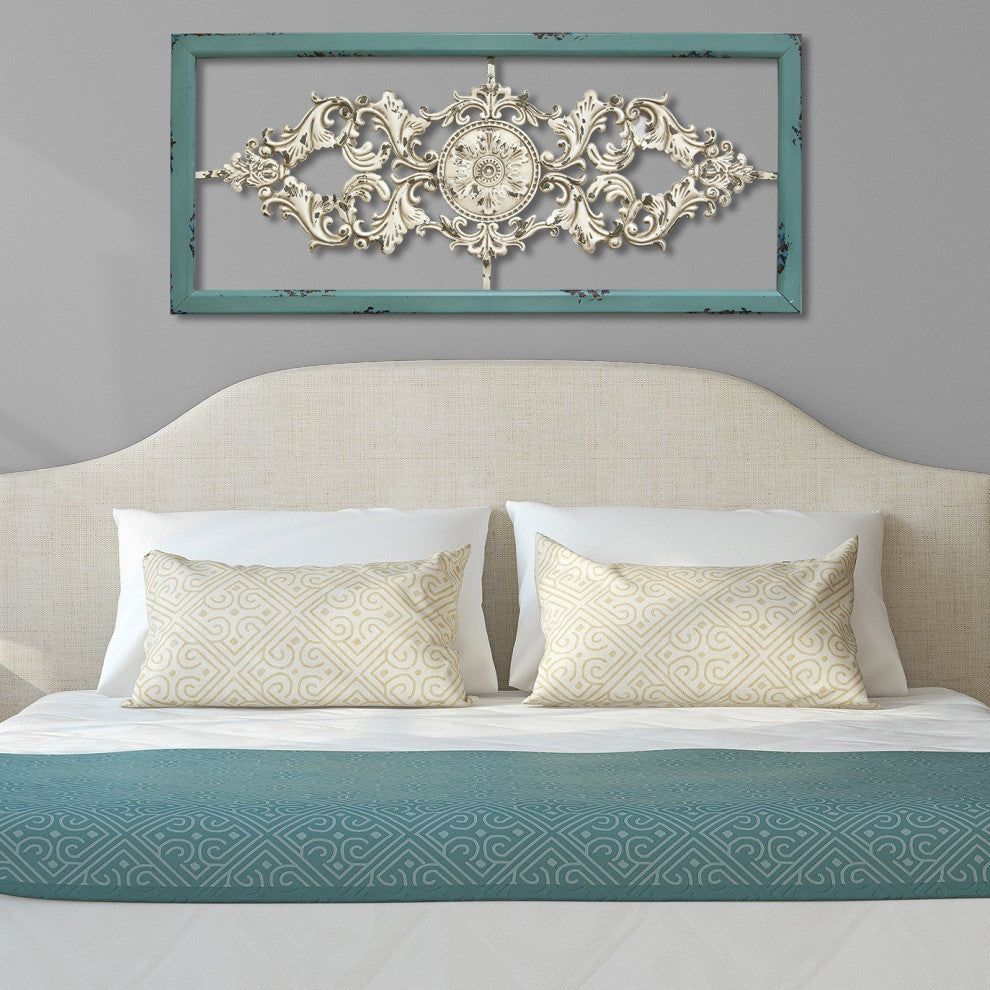 HomeRoots Distressed White and Turquoise Framed Scroll Metal Panel