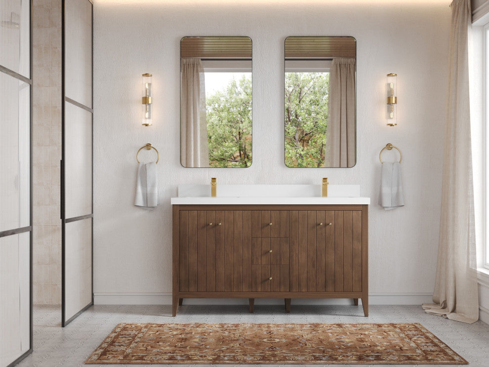 Atlanta Teak 60" Double Sink Bath Vanity, Dark Natural 2" White Quartz