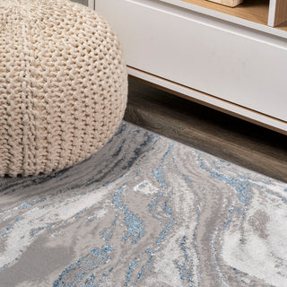 Swirl Marbled Abstract Area Rug, Gray/Blue, 2'x8'