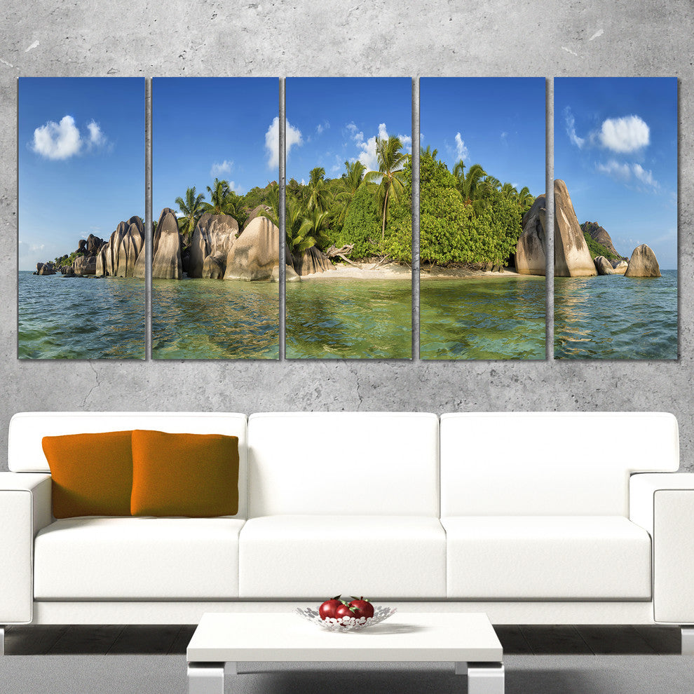"Anse Lazio Beach Seychelles Panorama" Large Wall Artwork, 5 Panel