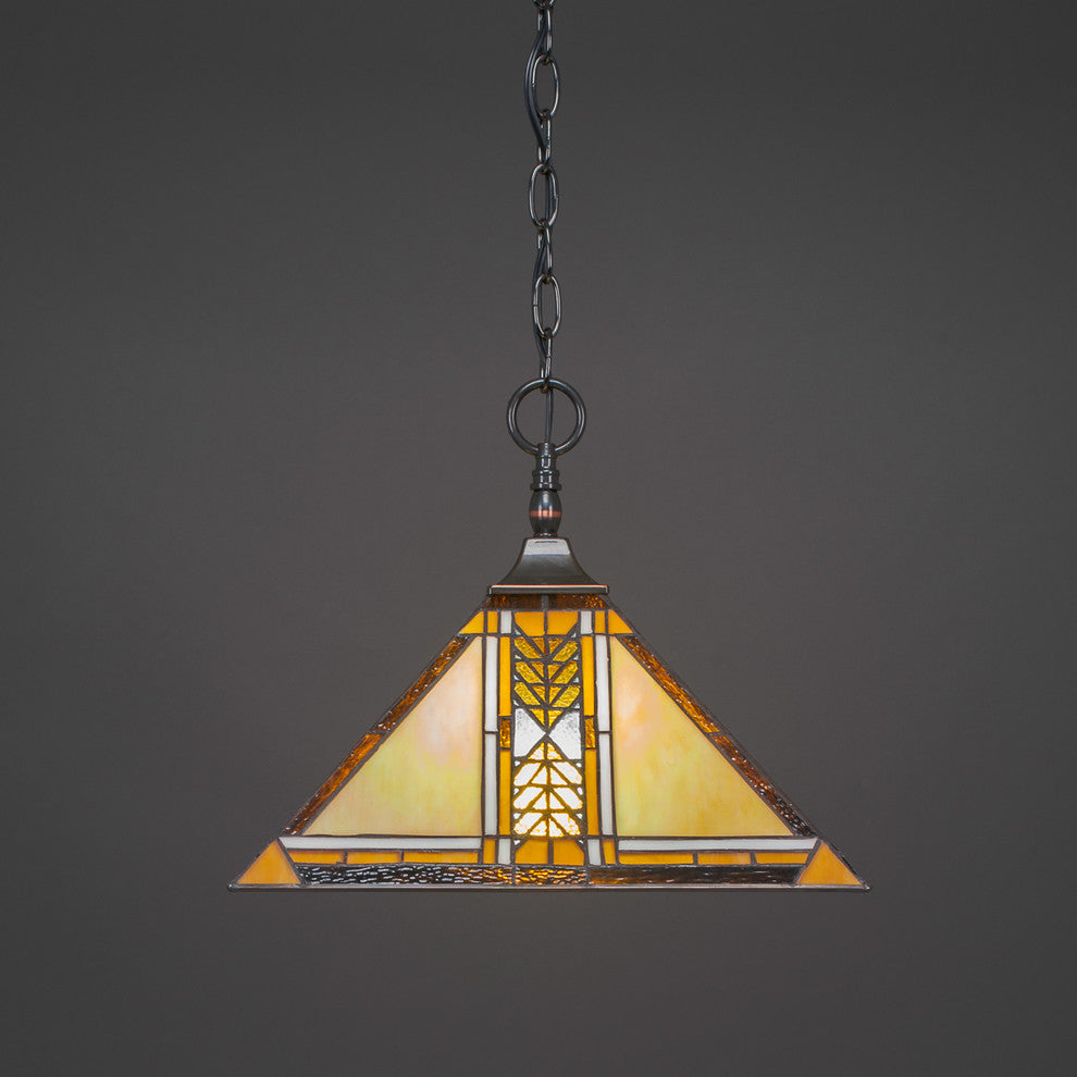 Chain Hung Pendant In Black Copper, 14" Santa Cruz Tiffany Glass