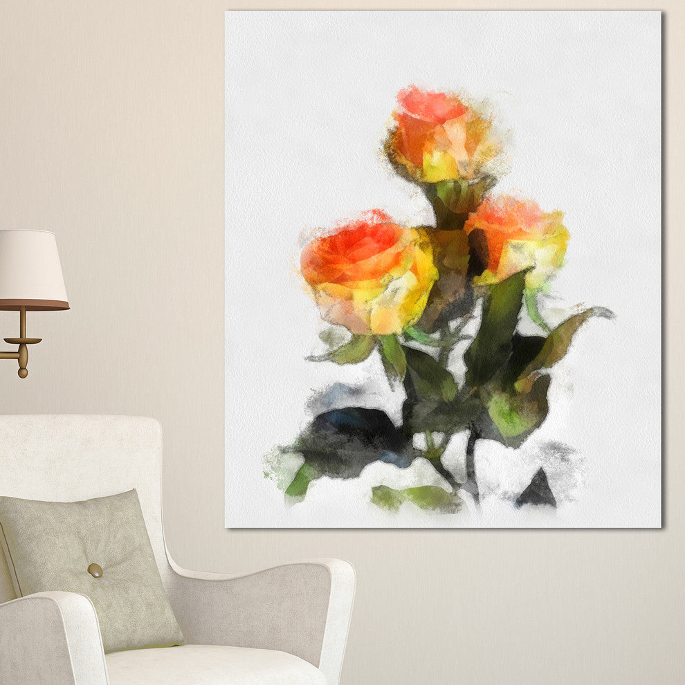 Hand drawn Yellow and Red Roses, Floral Canvas Art Print, 30"x40"