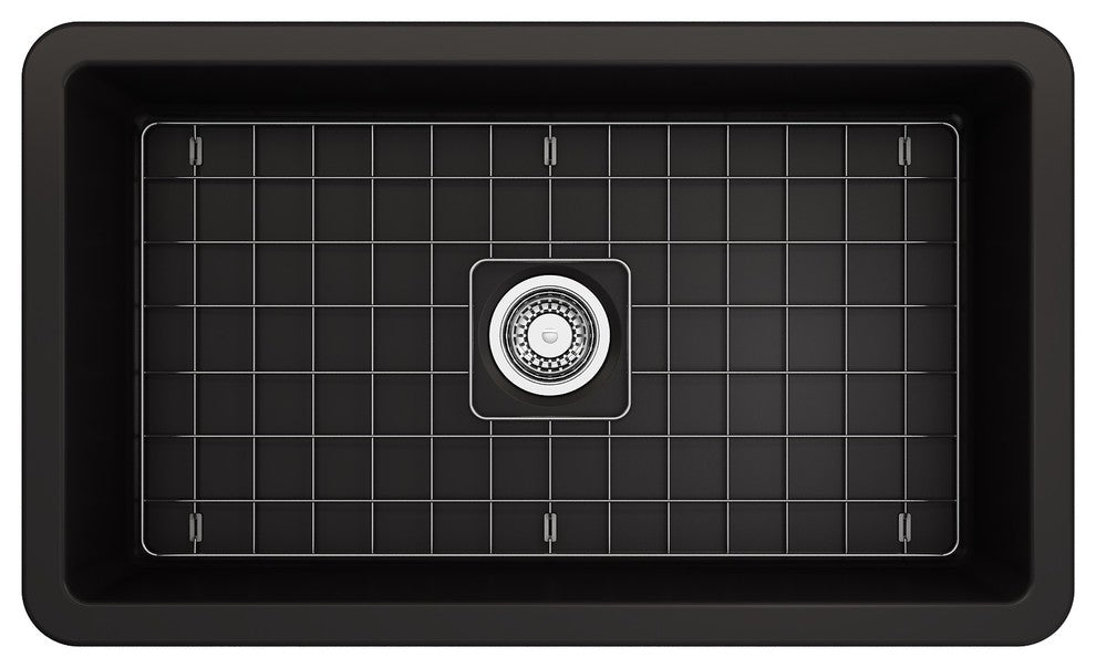 Bocchi Sotto 32 Matte Black Fireclay Single Bowl Undermount Kitchen Sink W/ Grid