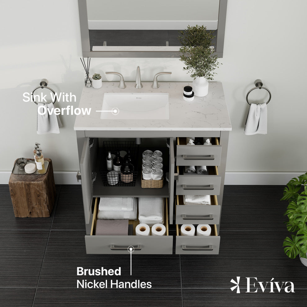 Eviva Aberdeen 36" Transitional Gray Vanity White Carrera Top and Square Sink