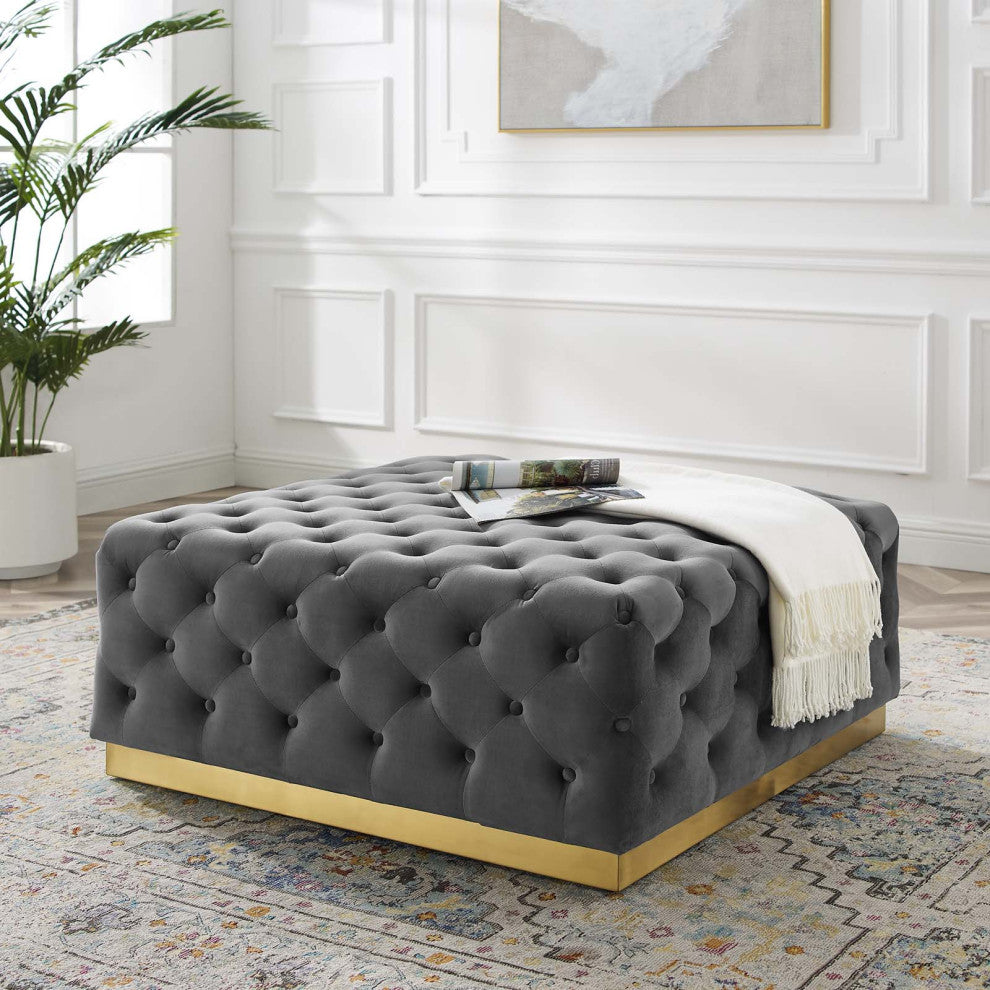 Tufted Accent Chair Ottoman, Square, Velvet, Gray, Modern, Lounge