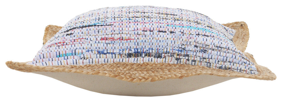 White Multicolored Chindi Jute Bordered Throw Pillow
