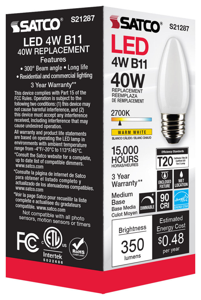4W B11 LED, Frost, Medium Base, 90 CRI, 2700K, 120V