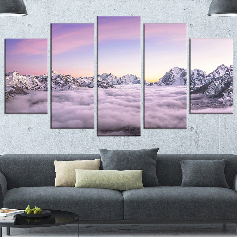 Clouds Sunrise Ama Dablam, Large Landscape Canvas Art, 60"x32", 5 Panels