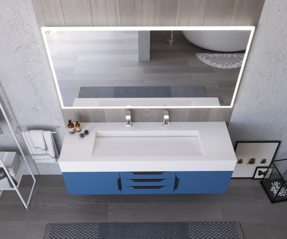 CastelloUSA Nile 60" Wall Mounted Vanity Set, Blue, White Top, Black Handles