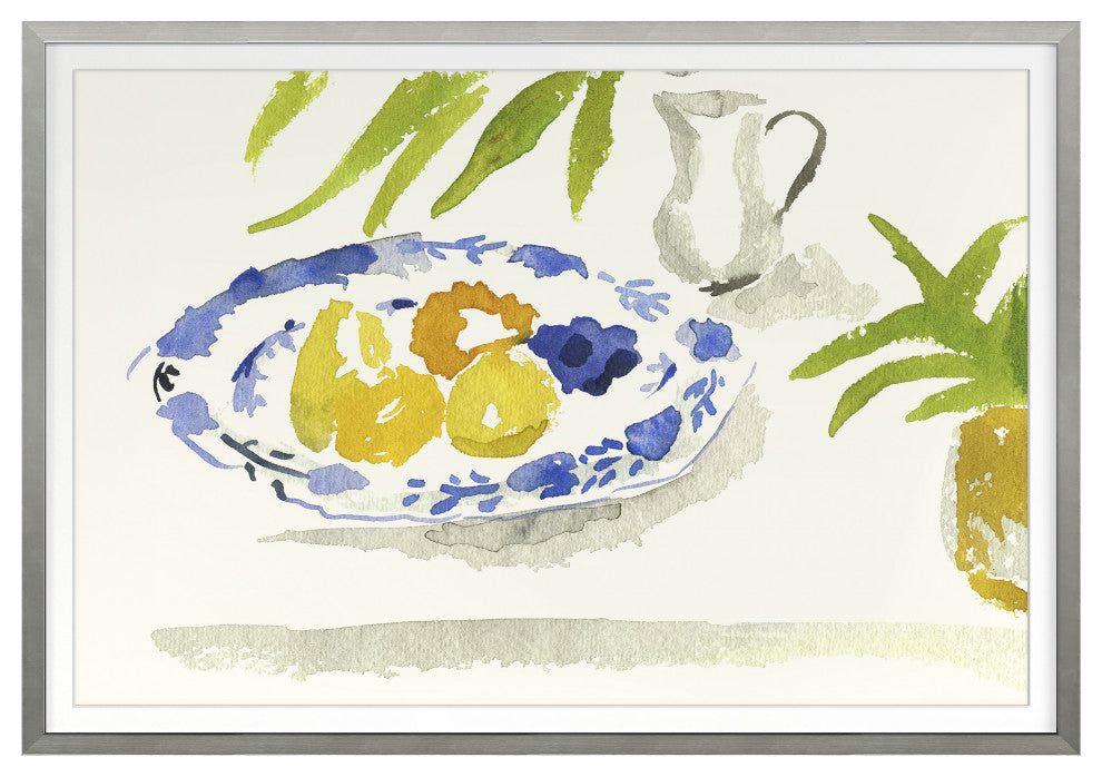 Blue Plate with Lemons Fine Art Print, Silver, 25"x36"
