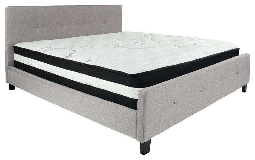 King Size Tufted Platform Bed, Light Gray With Spring Mattress