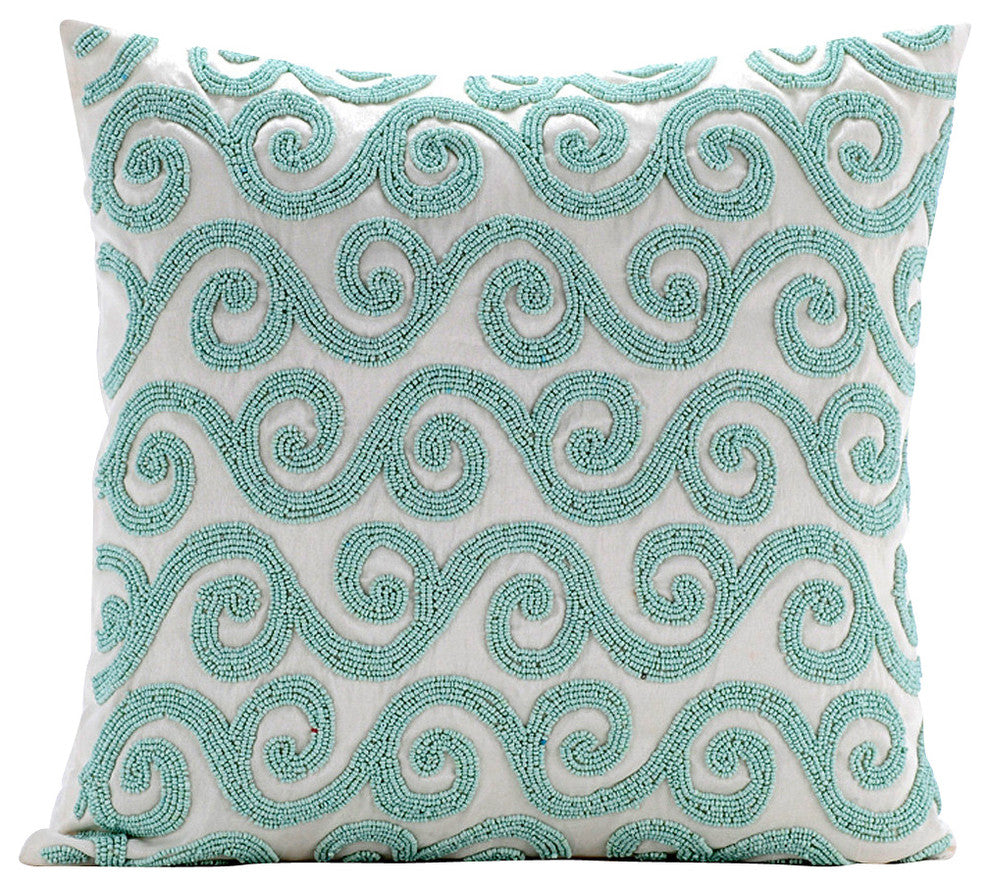 Blue Decorative Pillow Covers 24"x24" Silk, Mint Blue Trail