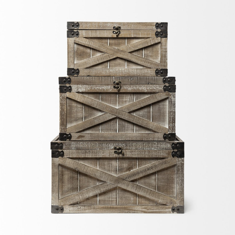 Set of Three Brown Wooden Storage Boxes