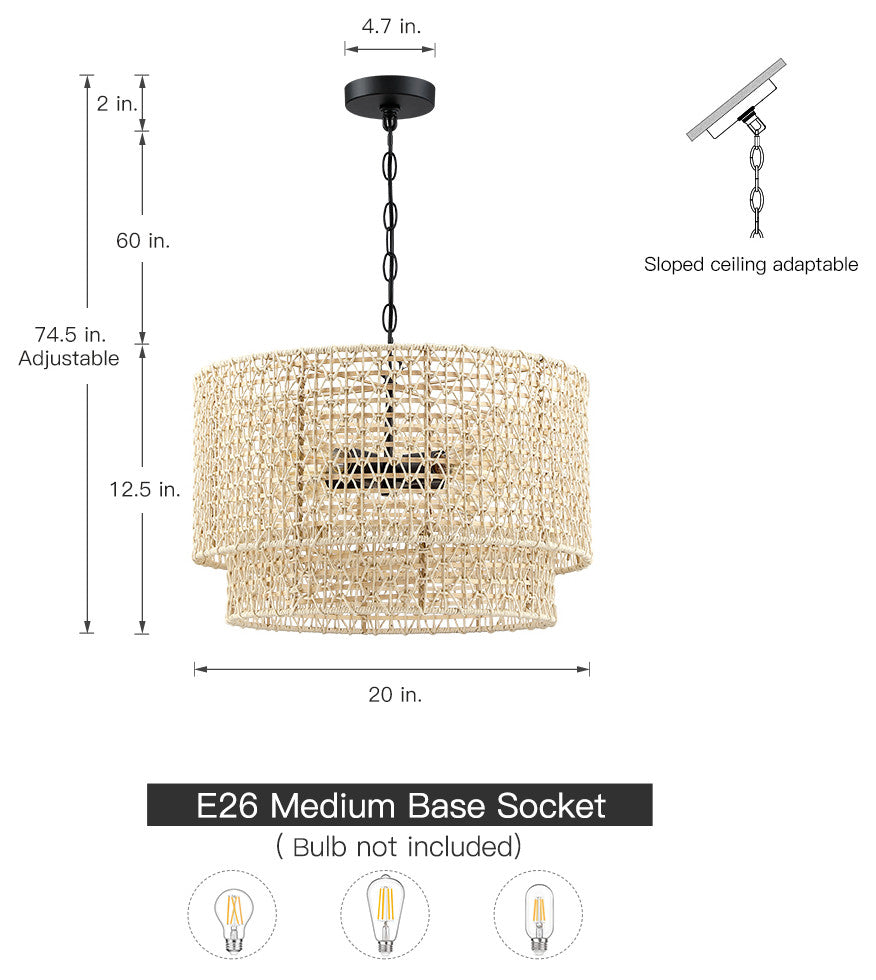20" 4-Light Rattan Tiered Drum Chandelier Light With Black Canopy