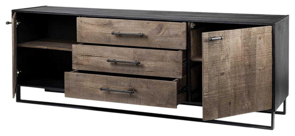 82" Brown and Black Solid Wood Three Drawer Sideboard With 2-Doors
