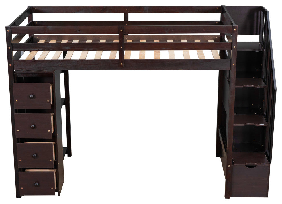 Gewnee Wood Twin Loft Bed with Storage Drawers and Stairs in Espresso
