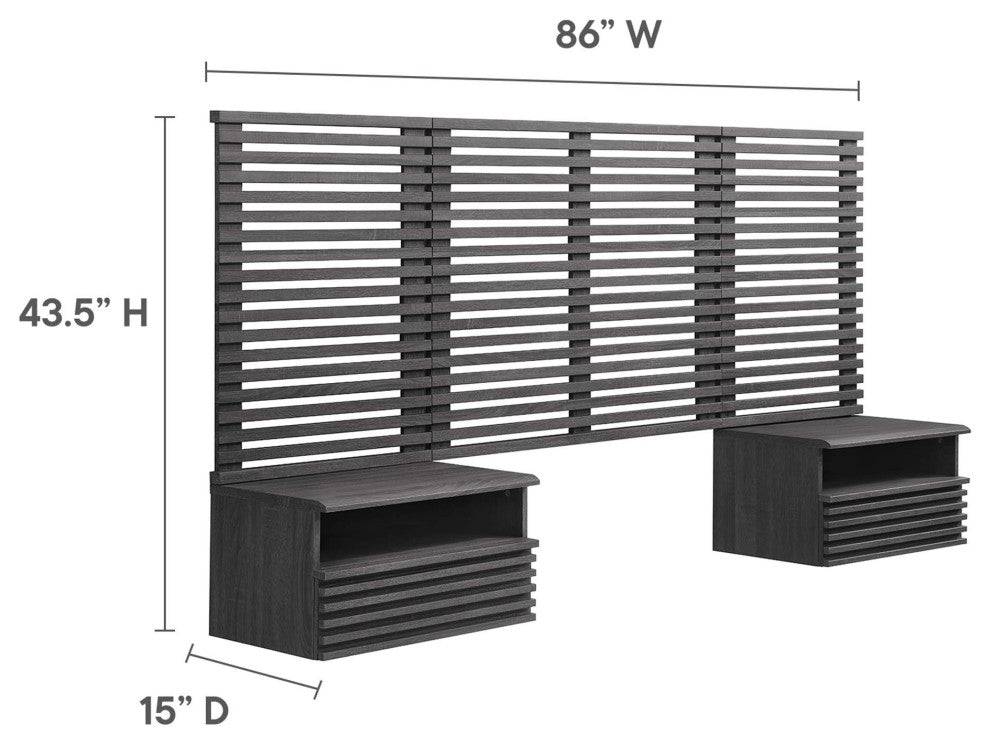 Render Wall Mount Twin Headboard and Modern Nightstands, Charcoal