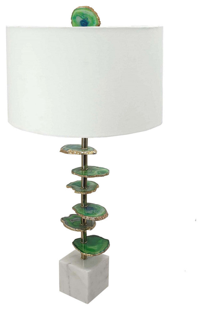 Benzara BM286095 Table Lamp With Agate Slices and Linen Drum Shade, White