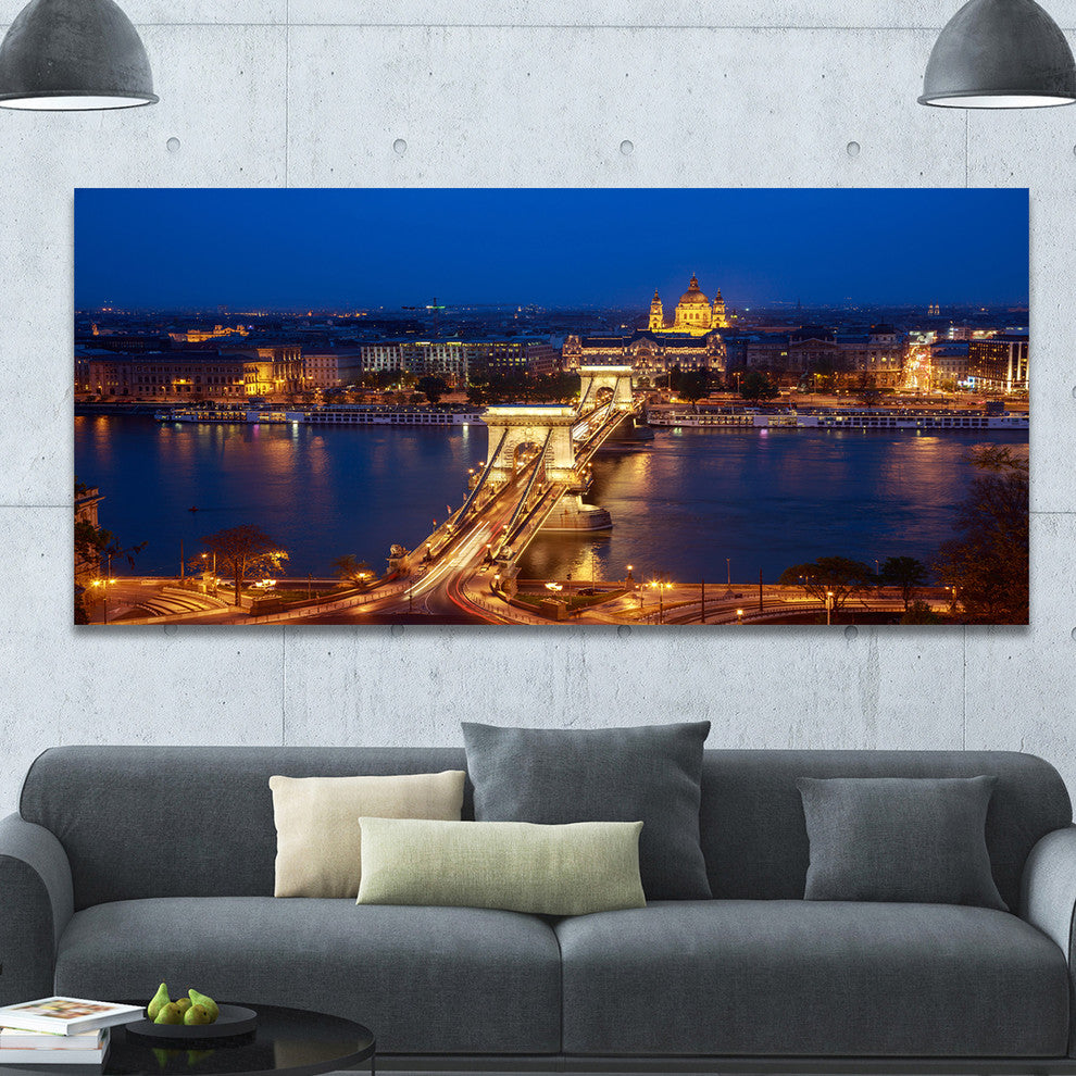 Illuminated Cain Bridge Budapest, Large Cityscape Canvas Art Print, 60"x28"