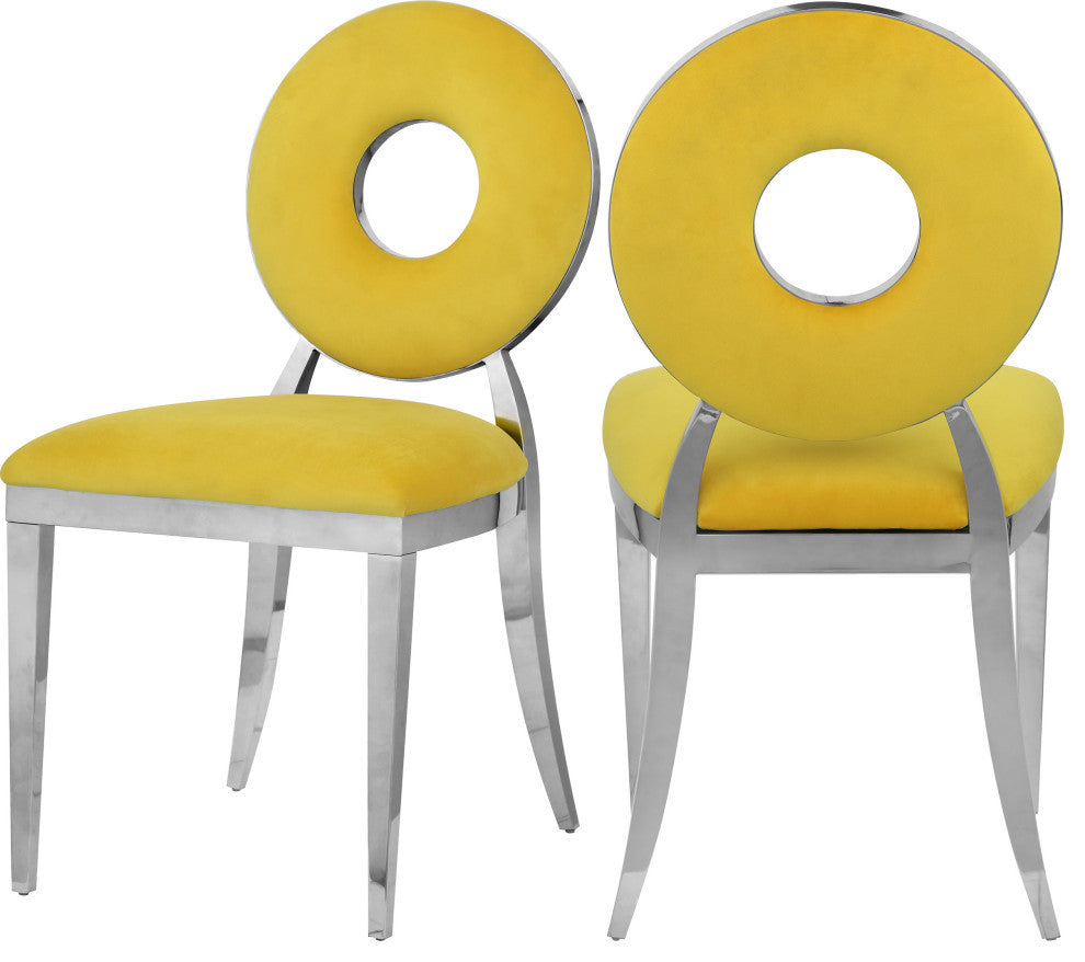 Carousel Upholstered Dining Chair, Set of 2, Yellow Velvet, Chrome Finish