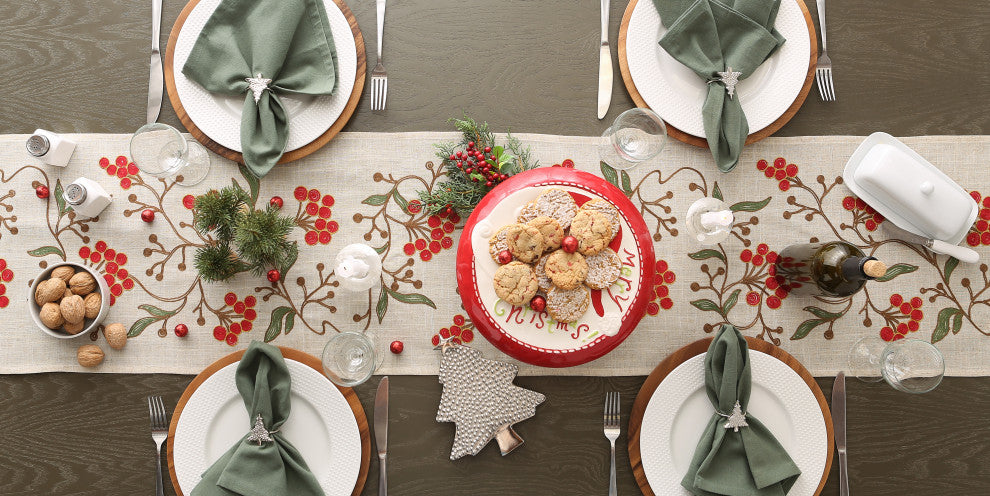 Winter Berries Embroidered Table Runner 14x70