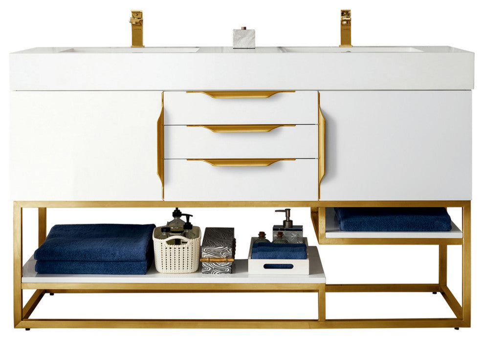 Columbia 59" Double Vanity  White Radiant Gold, White Composite Top