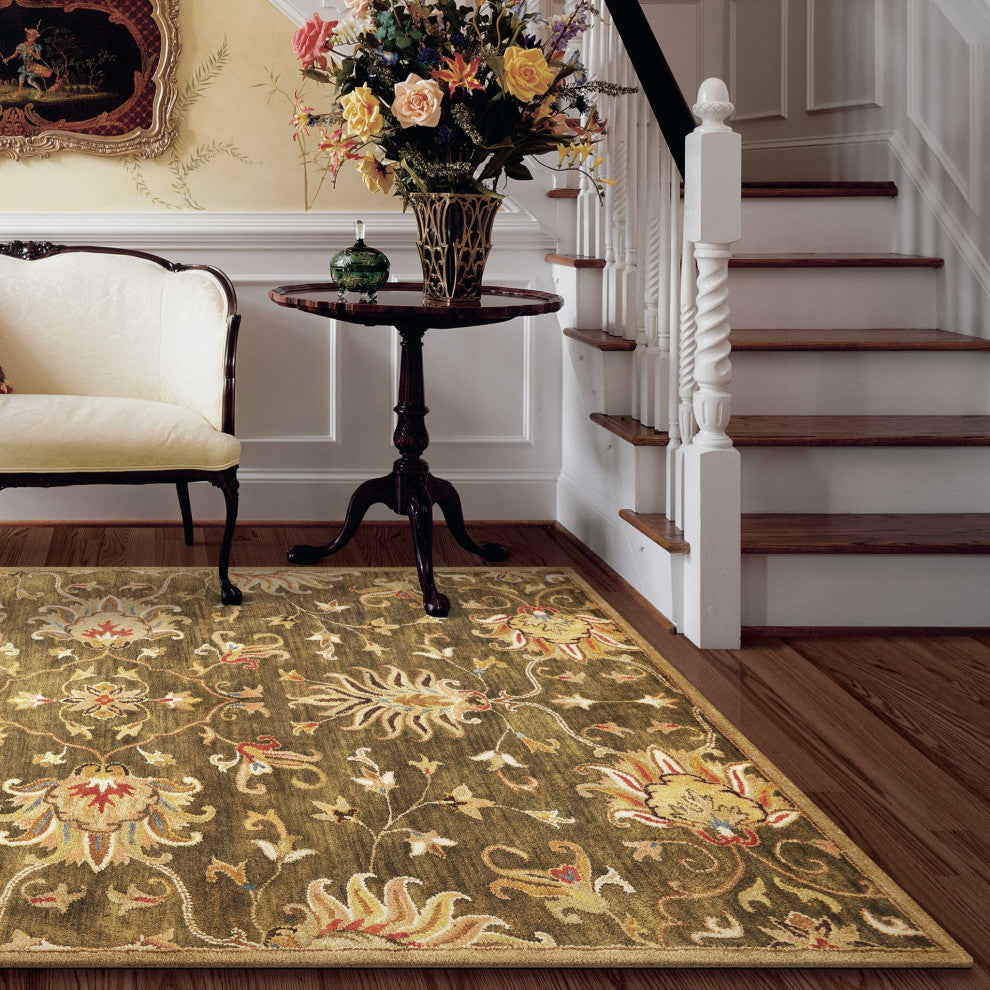 HomeRoots 5'x8' Emerald Green Hand Tufted Traditional Floral Indoor Area Rug