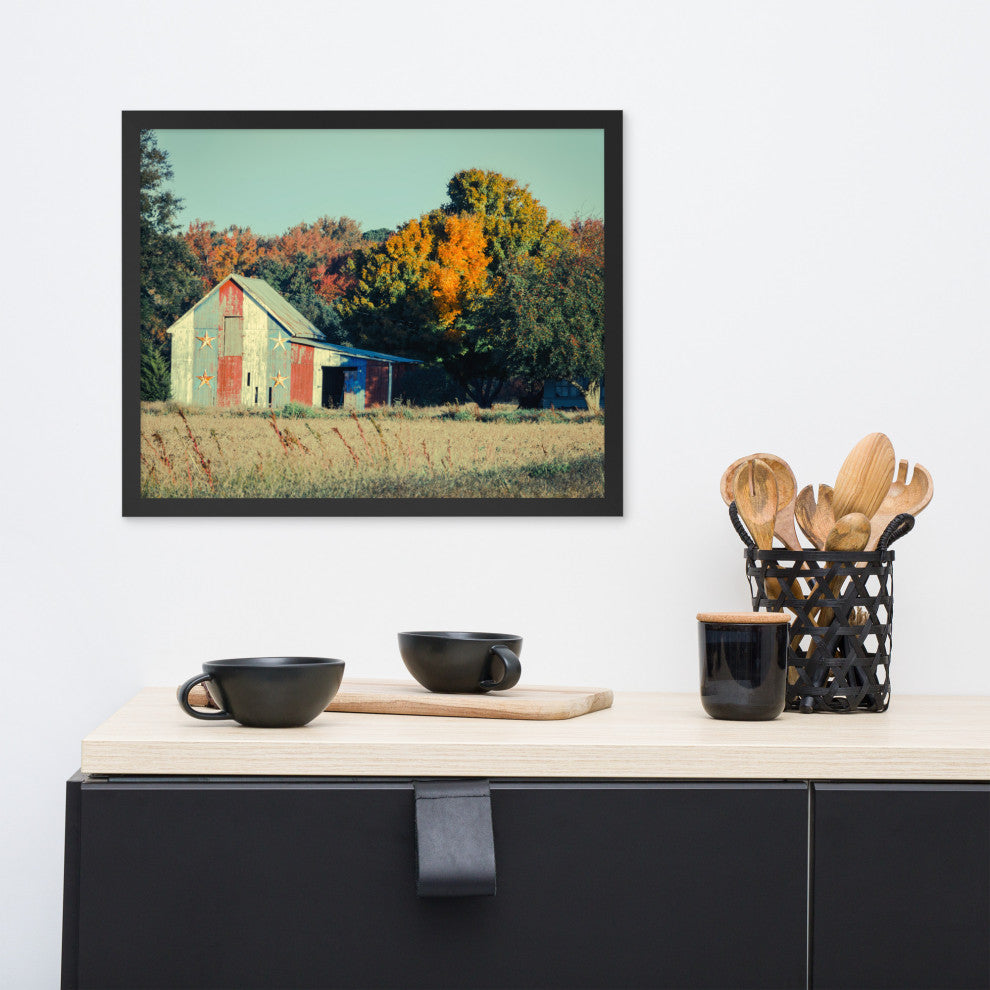 Patriotic Weathered Barn in Field Cross Processed Framed Photo Wall Art Prints, Black, 16" X 20"
