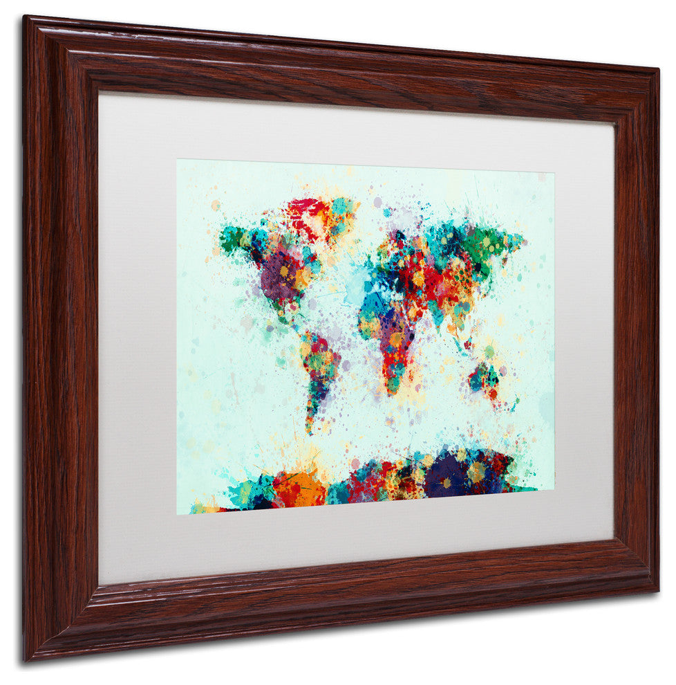 Michael Tompsett 'World Map Paint Splash' Matted Framed Art, White Mat, 14"x11"