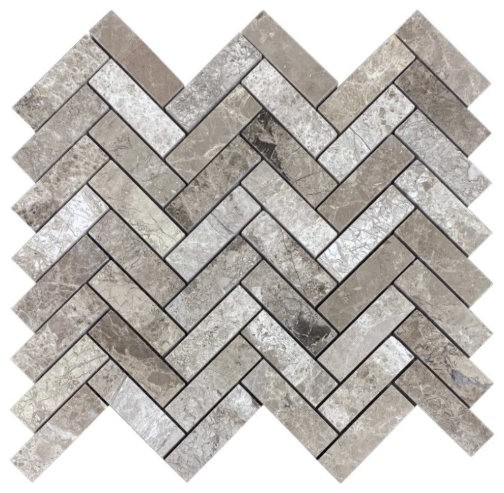 Silver Shadow Marble 1"x3" Herringbone on 12"x12" Mosaic Tile (10 sqft per box)