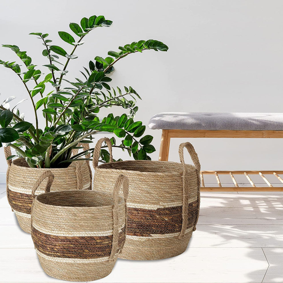 3 Piece Stripes Wicker Basket Set