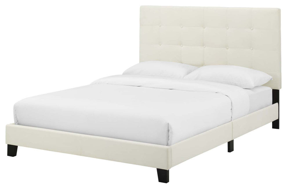Contemporary Modern King Size Platform Bed Frame, Velvet Fabric, Ivory White