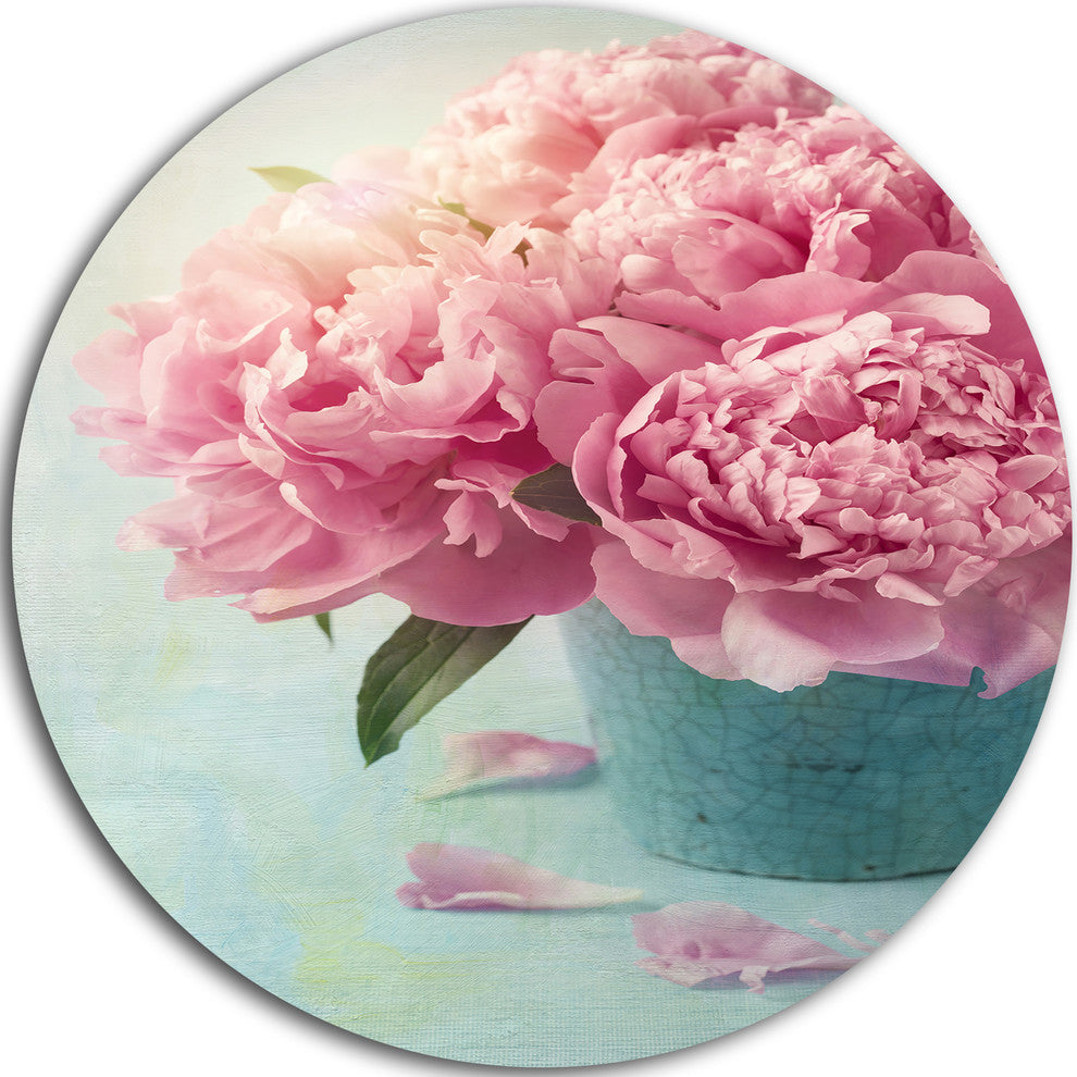 Pink Peony Flowers In Vase, Floral Disc Metal Wall Art, 11"