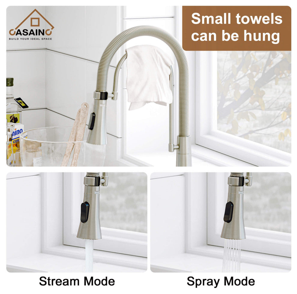Single-Handle Spring Neck Standard Kitchen Faucet with Dual-Function, Brushed Nickel