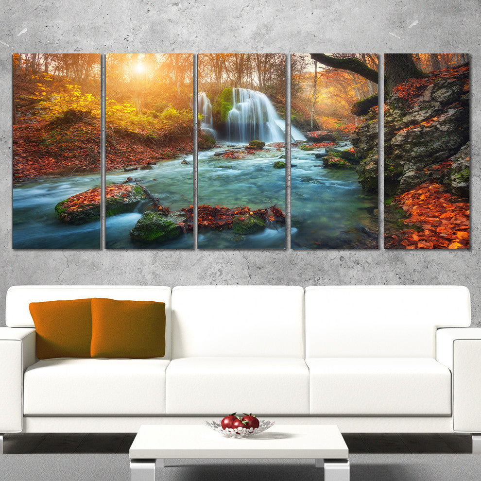 "Fast Flowing Fall River in Forest" Photograph Print, 5 Panels, 60"x28"