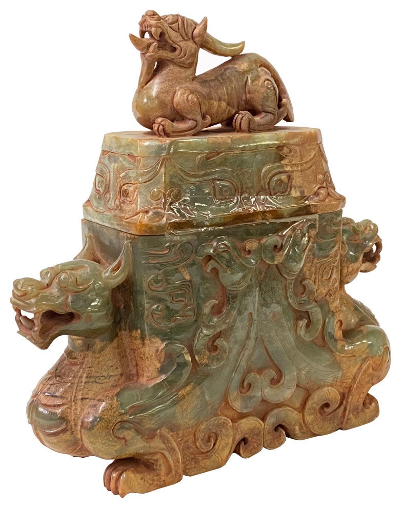 Chinese Stone Carved Tan Green Rectangular Pixiu Incense Burner Display Hws3150