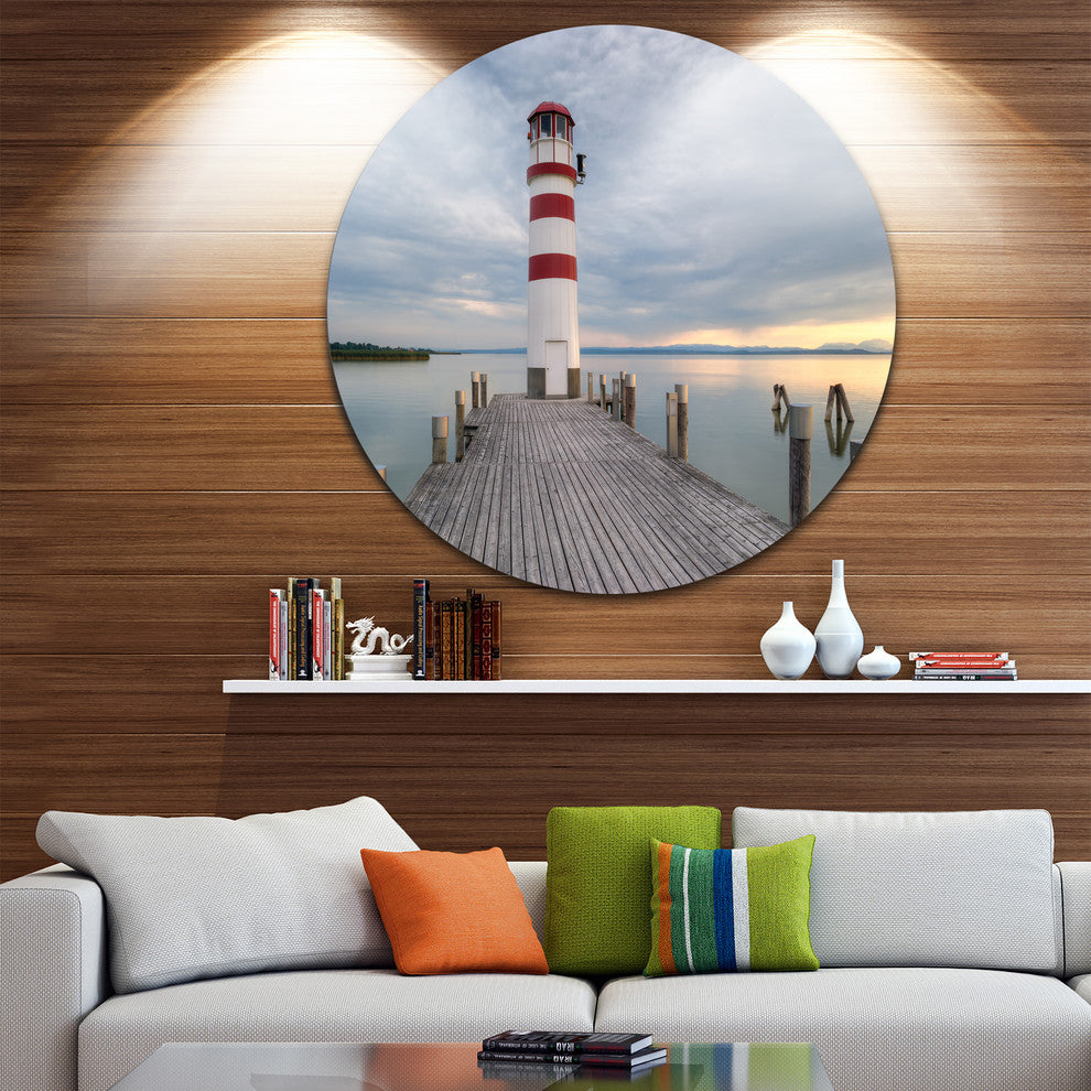 Lighthouse At Lake Neusiedl At Sunset, Sea Bridge Round Wall Art, 36"