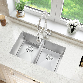 32" Undermount Nano Double Bowl Stainless Steel Kitchen Sink With Drain Assembly