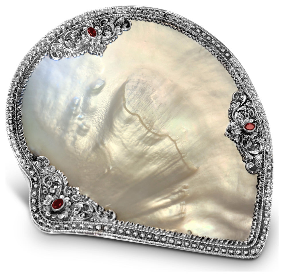 Floral Carving on South Sea Pearl Shell with Repose' Silver and facetted Garnet