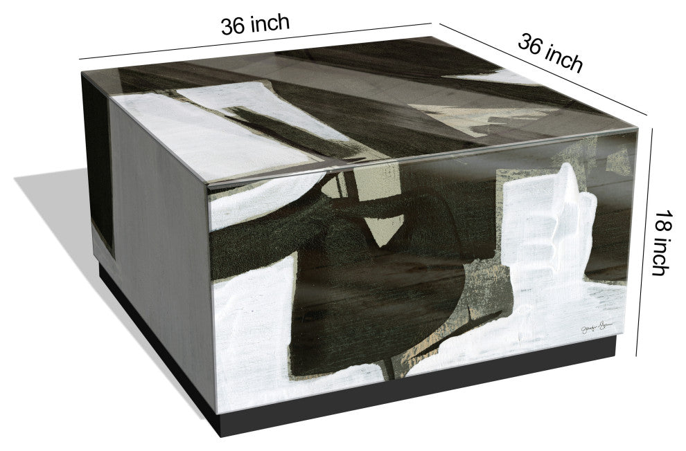 "Ode an Kline" Printed Art Glass Cocktail Table with Black Plinth Base Set of 2