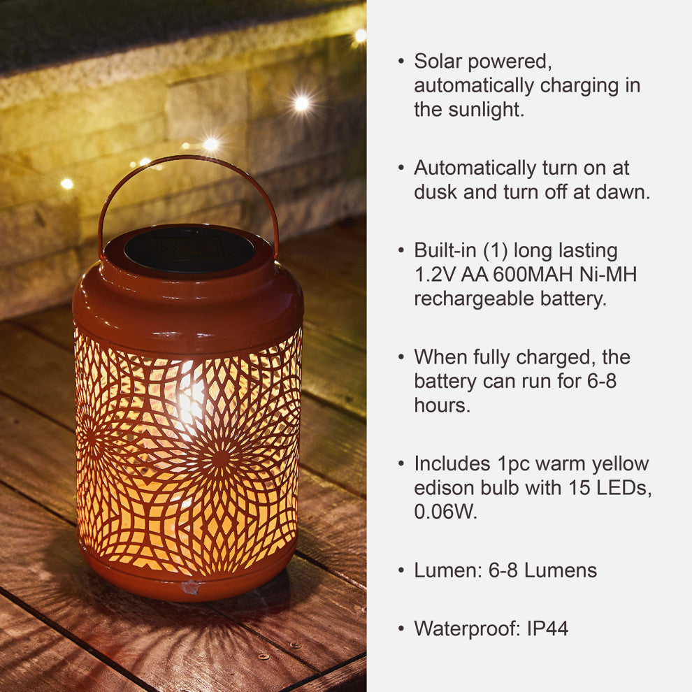 8.75"H Orange Metal Cutout Solar Powered  Lantern