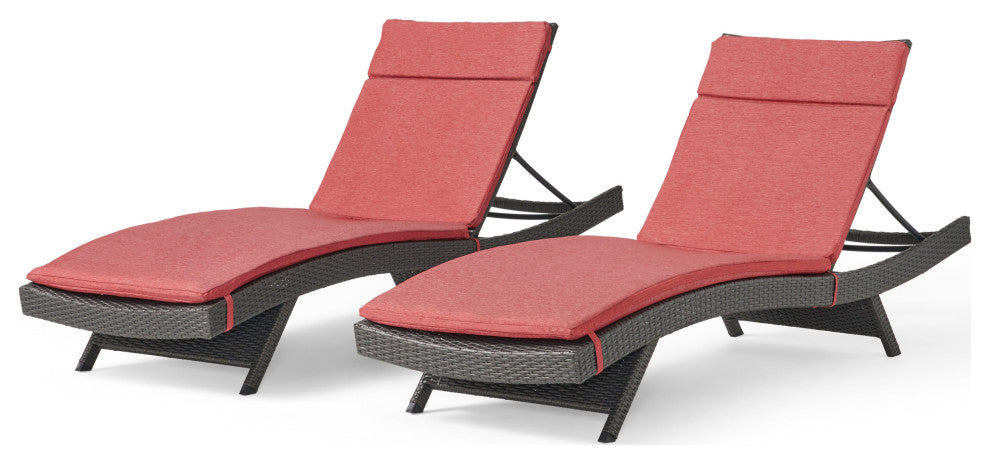 GDF Studio Nassau Outdoor Gray Wicker Chaise Lounge, Red Cushions, Set of 2