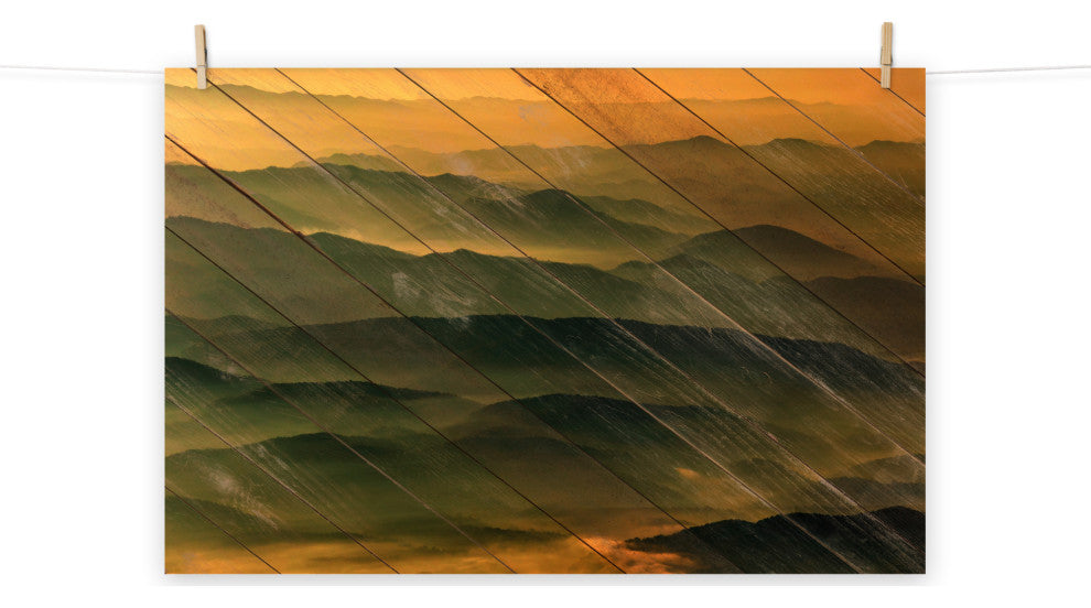 Faux Wood Foggy Mountain Layers at Sunset Landscape Unframed Wall Art Prints, 12" X 16"