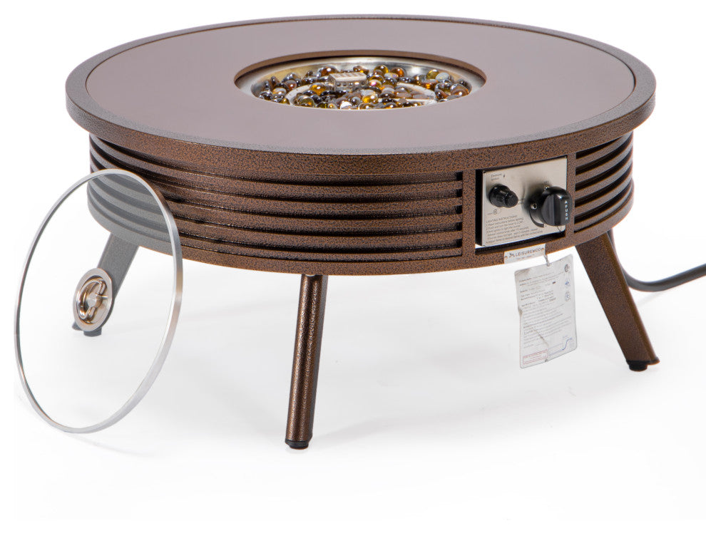 Leisuremod Walbrooke Patio Round Fire Pit Table With Aluminum Slats Frame, Brown